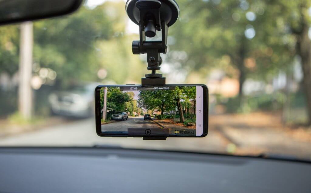 RoadBotics' smartphone in windshield of car