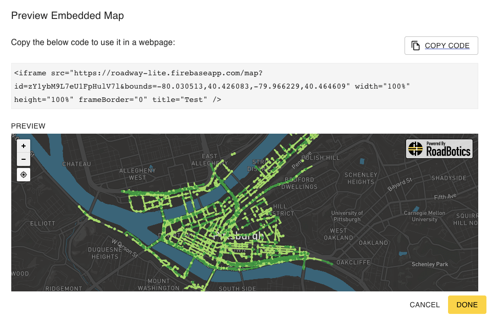 Preview of created embedded map