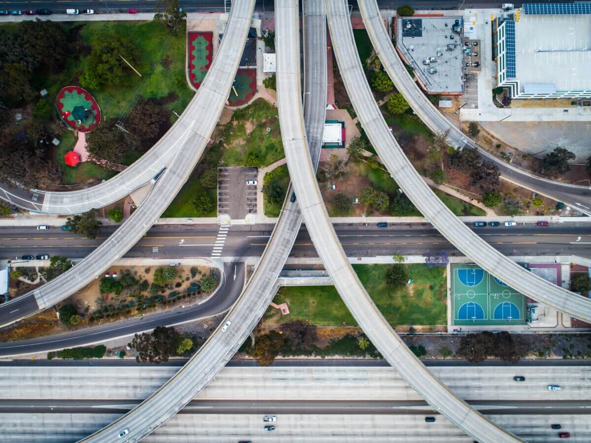 aerial view of overlapping highways