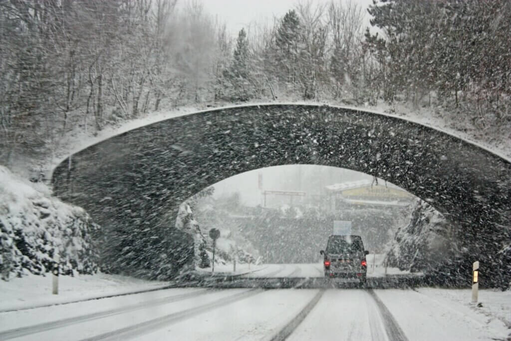 bridge in a snowstorm