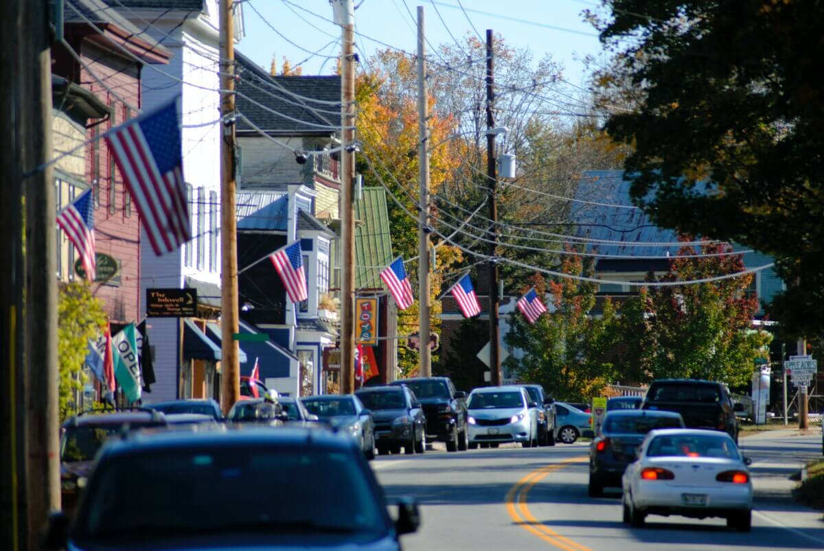 Small town street with american flags