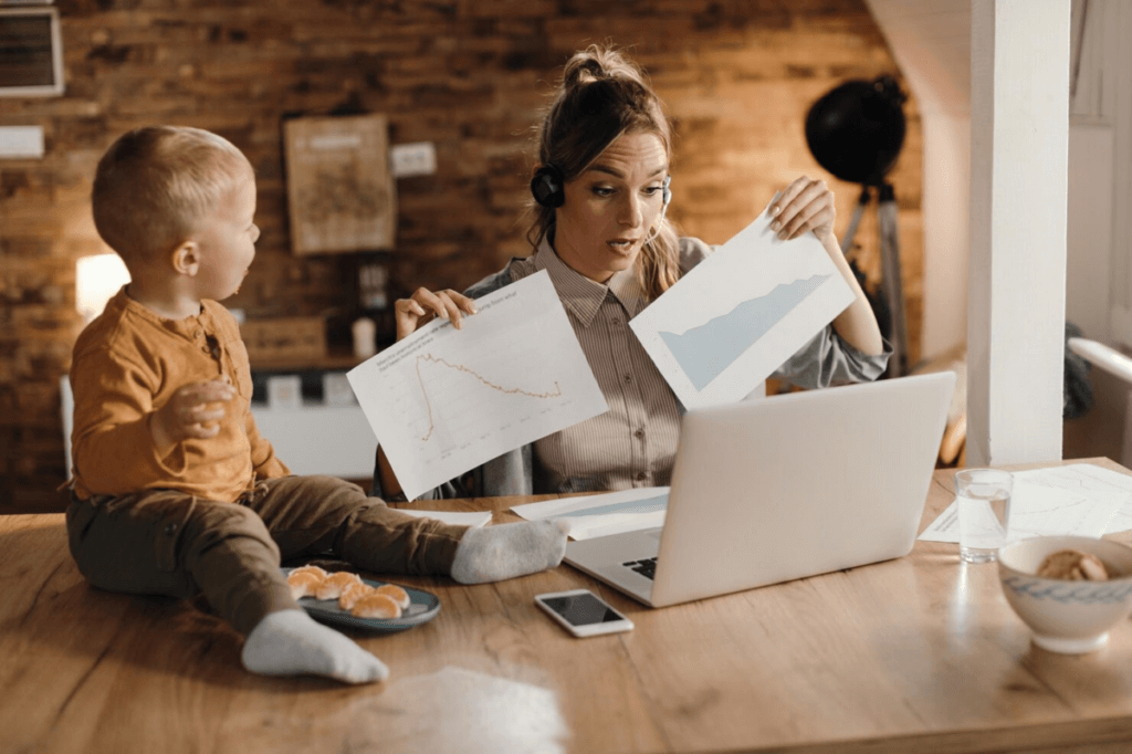 Mom working from home with toddler