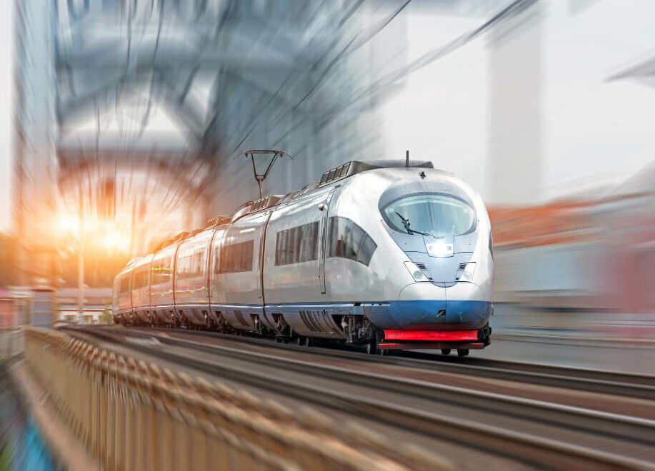 high speed passenger train on railway tracks