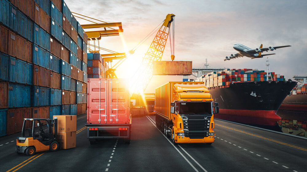 cargo shipping containers in sunset